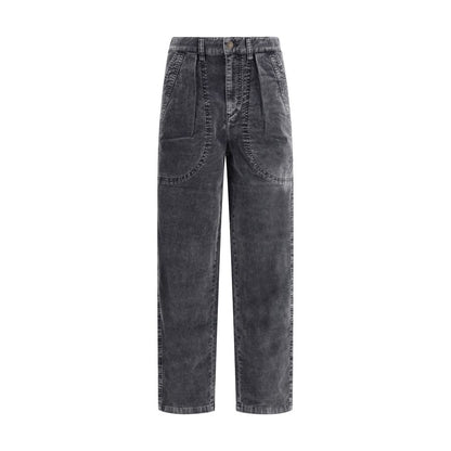 Marant Etoile Black Cotton Casual Pants with ribbed velvet, pleats, and side pockets.
