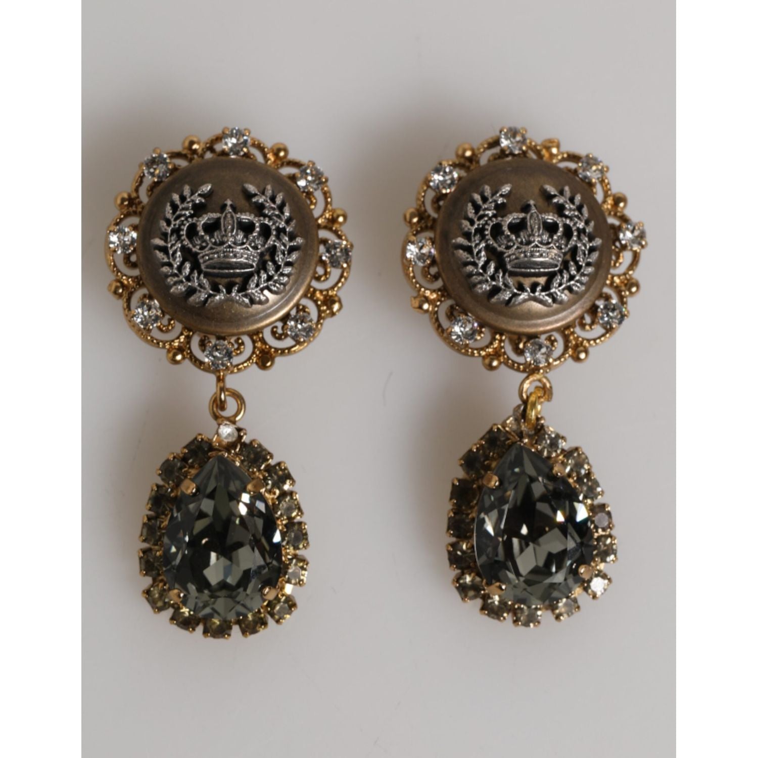 Dolce & Gabbana Gold Brass Crown Medallion Black Crystal Drop Clip On Earrings