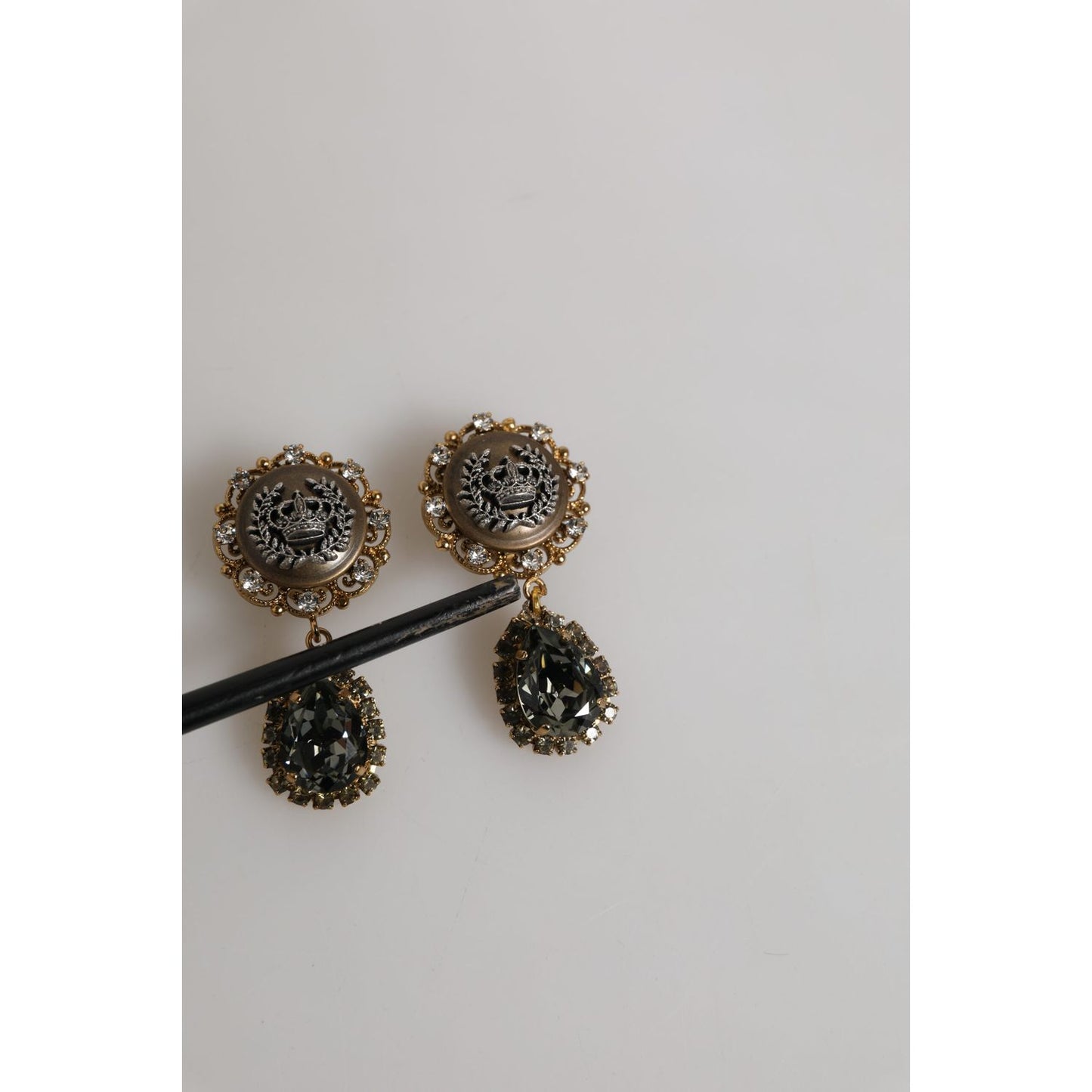 Dolce & Gabbana Gold Brass Crown Medallion Black Crystal Drop Clip On Earrings
