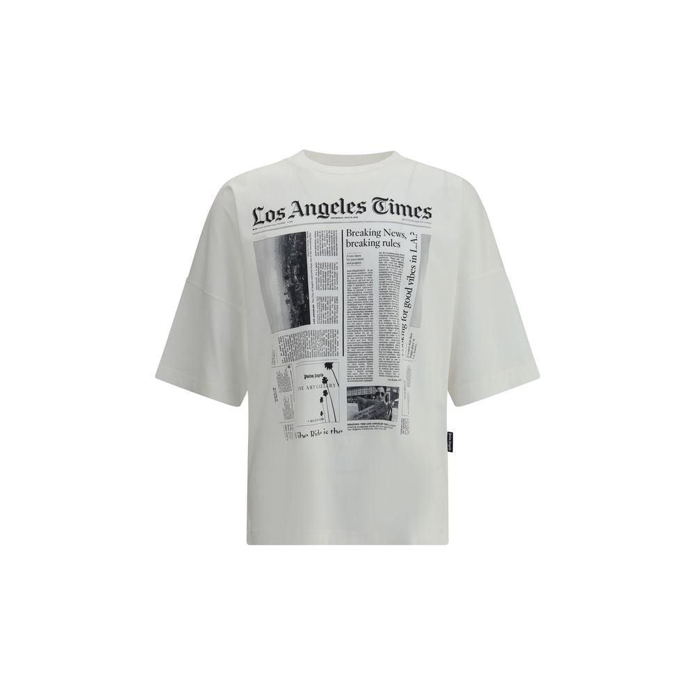 Palm Angels White Cotton T-Shirt with newspaper print design and crew neckline, featuring short sleeves and oversize fit for AW25 season.