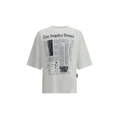 Palm Angels White Cotton T-Shirt with newspaper print design and crew neckline, featuring short sleeves and oversize fit for AW25 season.