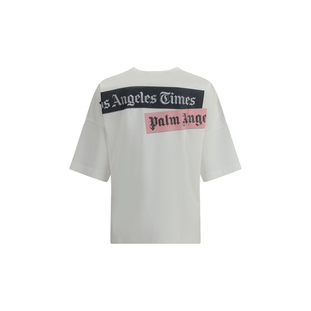 Palm Angels White Cotton T-Shirt with back logo print, oversized fit, AW25 collection.