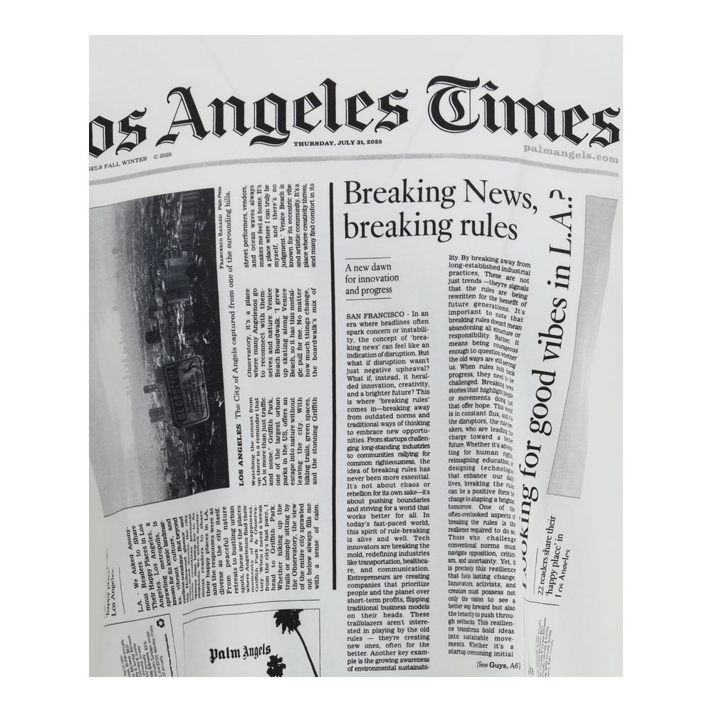 "Palm Angels White Cotton T-Shirt with newspaper print design, featuring 'Breaking News' text, ideal for urban style enthusiasts."