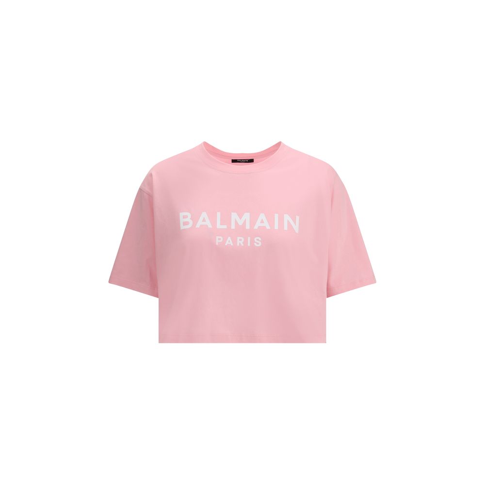 Balmain Multicolor Cotton T-Shirt with monogram, ribbed crew neck, and cropped fit in soft monochrome pattern.