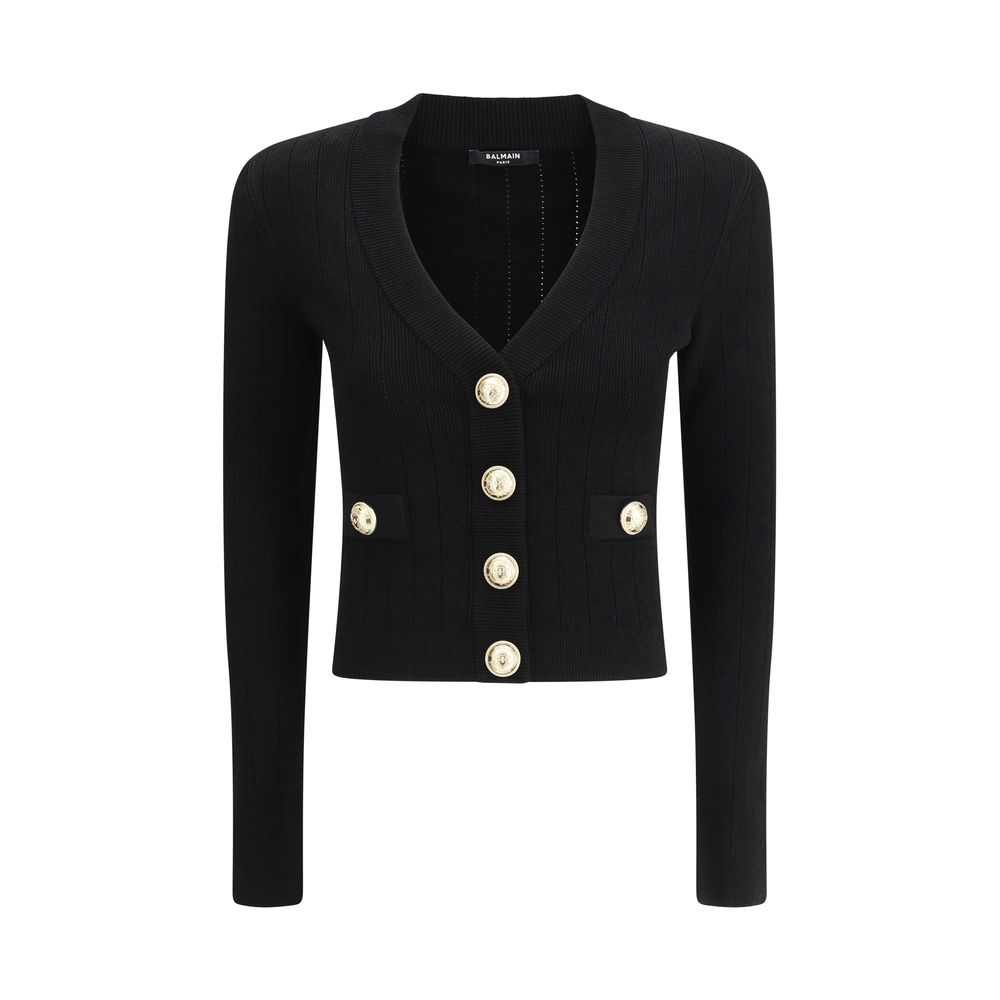 Balmain Black Viscose Cardigan with cropped design, v-neck, embossed buttons, slim fit, monochrome pattern, 83% viscose, 17% polyester.