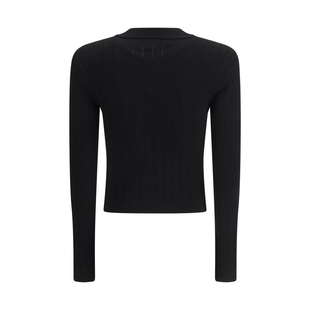 Back view of Balmain Black Viscose Cardigan, slim fit, cropped design, with a monochrome pattern, featuring embossed button closure.