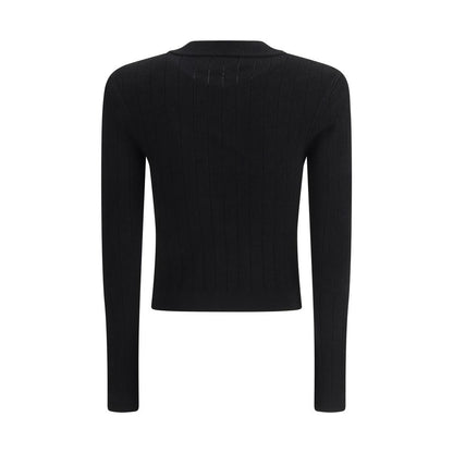 Back view of Balmain Black Viscose Cardigan, slim fit, cropped design, with a monochrome pattern, featuring embossed button closure.