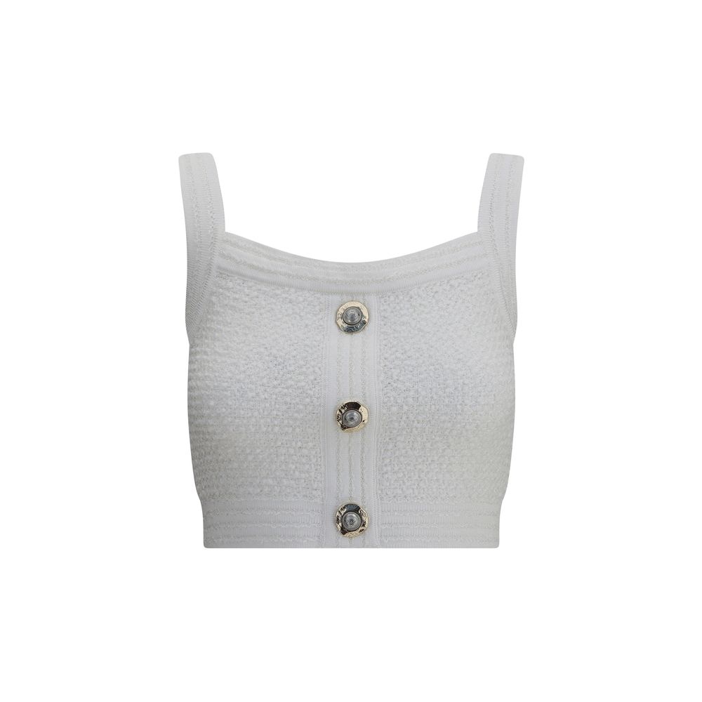 Balmain White Polyamide Top featuring a square neckline, thick straps, and front closure with embossed buttons in classic tweed style.