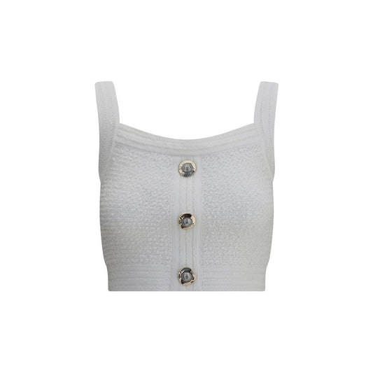 Balmain White Polyamide Top featuring a square neckline, thick straps, and front closure with embossed buttons in classic tweed style.