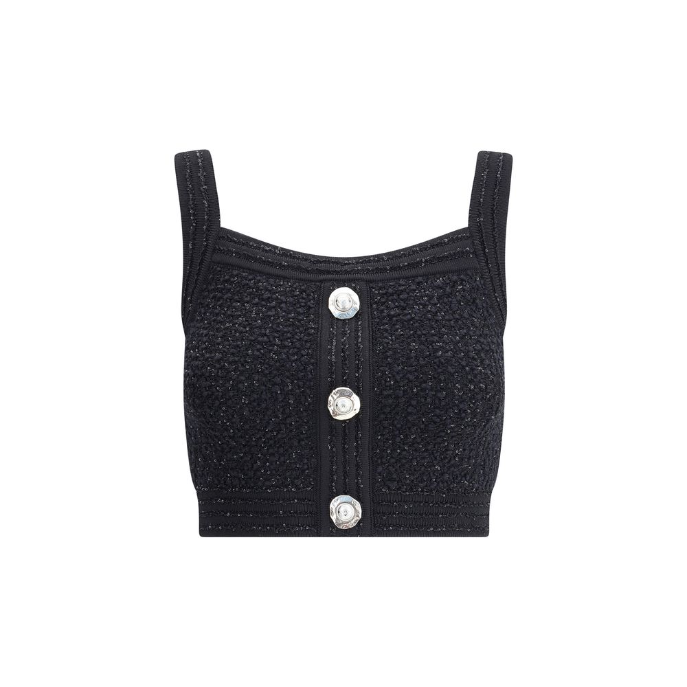 Balmain Black Polyamide Top with tweed fabric, square neckline, thick straps, and embossed button front closure.