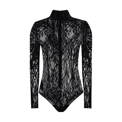 Balmain Black Cotton Top featuring sheer lace bodysuit design with high neck, back zip fastening, and buttoned briefs for AW25 season.