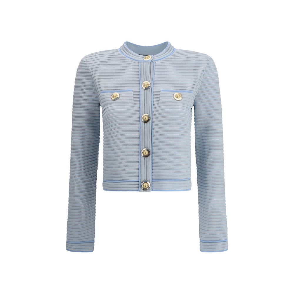 Balmain Light Blue Viscose Cardigan with gold buttons and structured shoulders, elegant design for AW25 season.