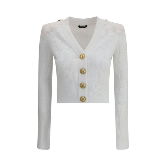 Balmain White Viscose Cardigan with embossed buttons, ribbed design, V-neck, and decorative tabs, military-inspired elegance, AW25 season.