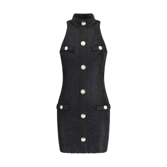 Balmain Black Viscose Cocktail Dress with gold buttons and baroque pattern, featuring American collar and back zipper closure.