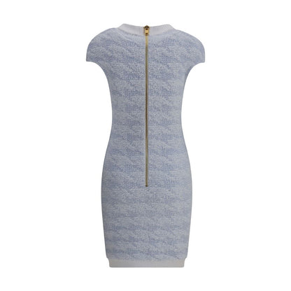 Back view of Balmain Light Blue Polyamide Casual Dress featuring a back zipper and short sleeves.