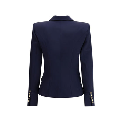 Back view of Balmain Blue Fleece Wool Blazer featuring structured shoulders, peak lapels, and gold embossed buttons.