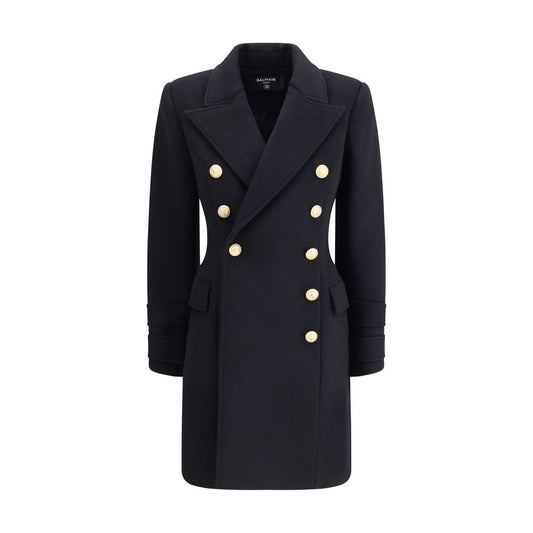 Balmain Black Fleece Wool Coat with double-breasted gold buttons and structured shoulders. Italian collar. Elegant and sophisticated design.