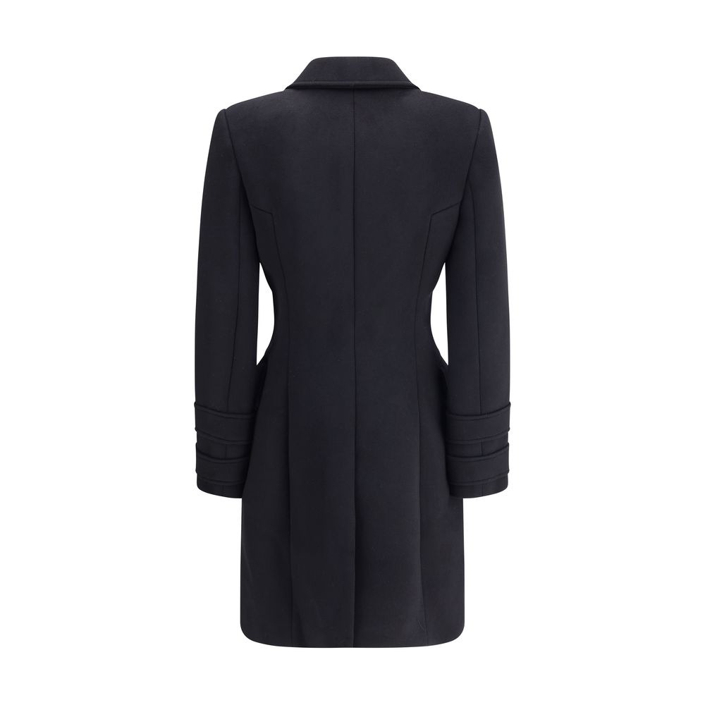 Back view of Balmain Black Fleece Wool Coat with structured shoulders and Italian collar, showcasing elegant craftsmanship.