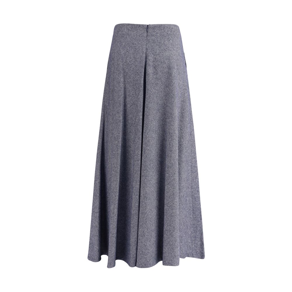 Sara Roka Blue Cotton Midi Skirt with flared silhouette and side zipper, elegant yet practical design, denim-effect fabric, front pockets