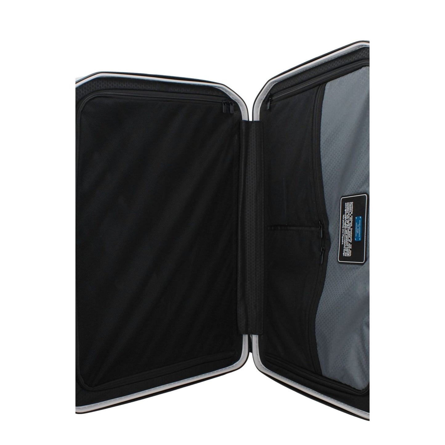Interior view of Piquadro Gray Polycarbonate Luggage And Travel showing compartments and pockets.