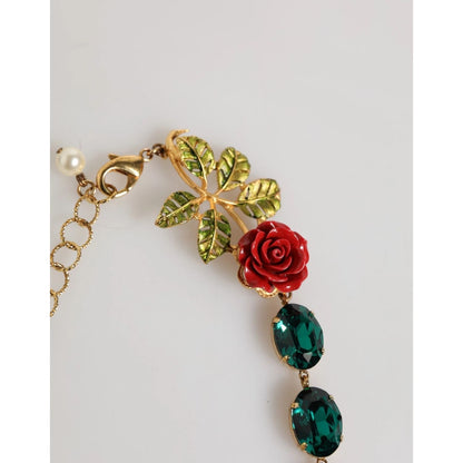 Dolce & Gabbana Red Rose Green Crystal Gold-Tone Chain Necklace