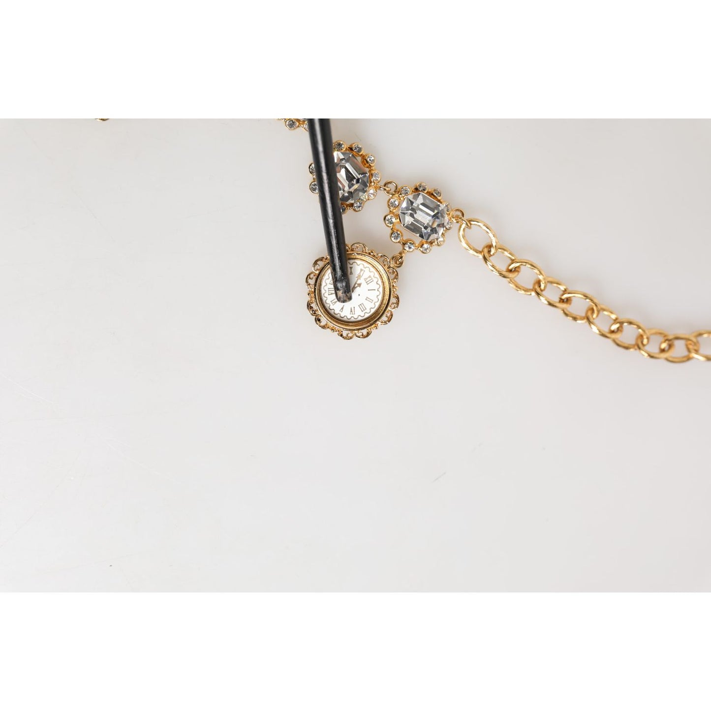 Dolce & Gabbana Gold Crystal Clock Face Pendant Statement Jewelry Necklace