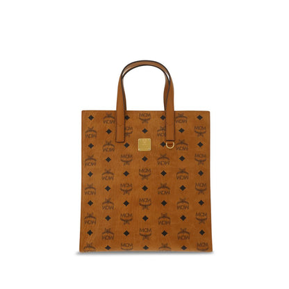 MCM Brown Polyethylene Shoulder Bag with iconic monogram pattern, double handles, and plaque detail, season AW25.