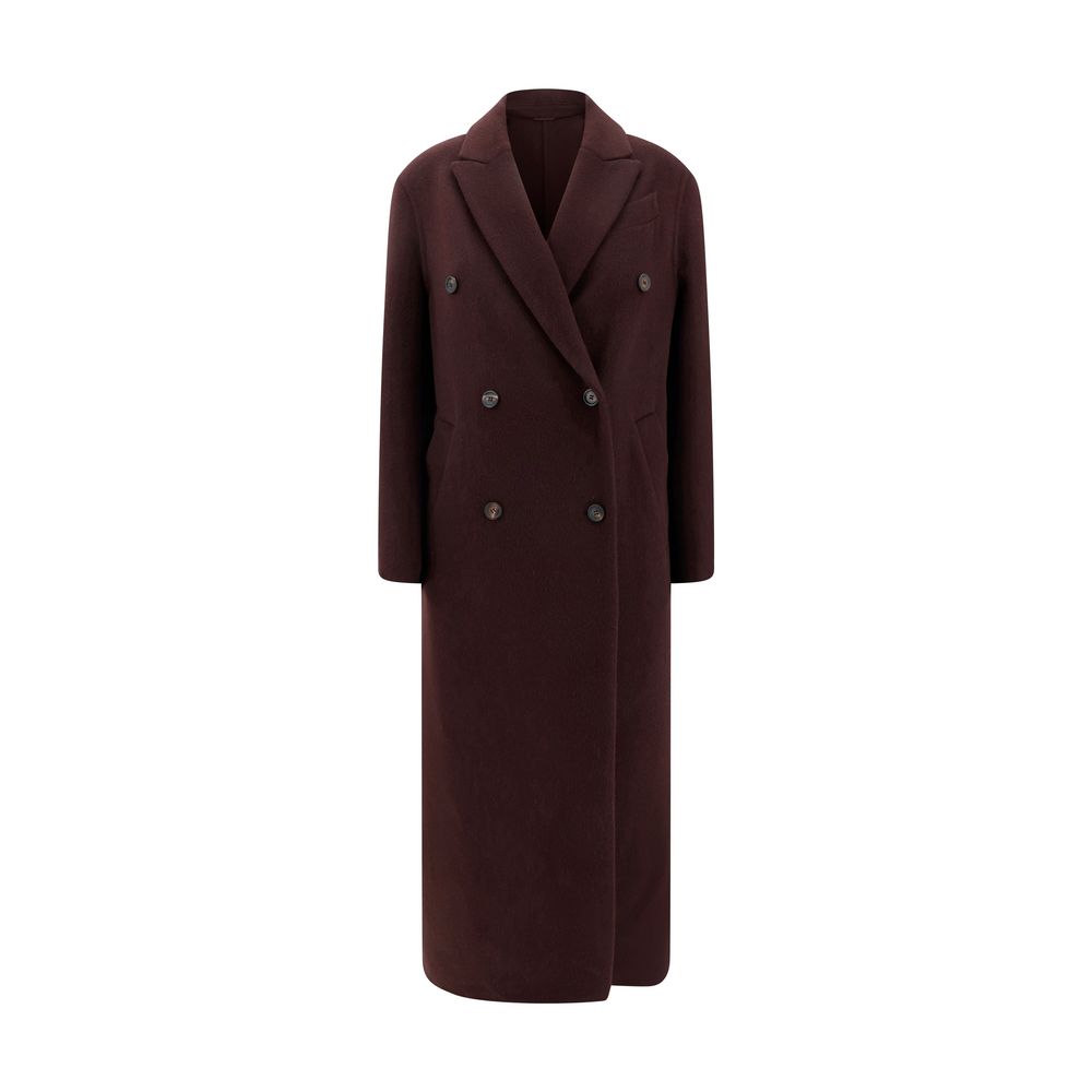 Brunello Cucinelli Bordeaux Cashmere Coat with peaked lapel, double-breasted front, and side welt pockets for elegance and practicality.