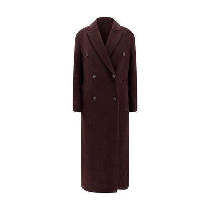 Brunello Cucinelli Bordeaux Cashmere Coat with peaked lapel, double-breasted front, and side welt pockets for elegance and practicality.