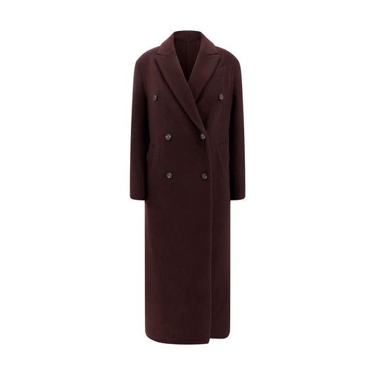 Brunello Cucinelli Bordeaux Cashmere Coat with peaked lapel, double-breasted front, and side welt pockets for elegance and practicality.
