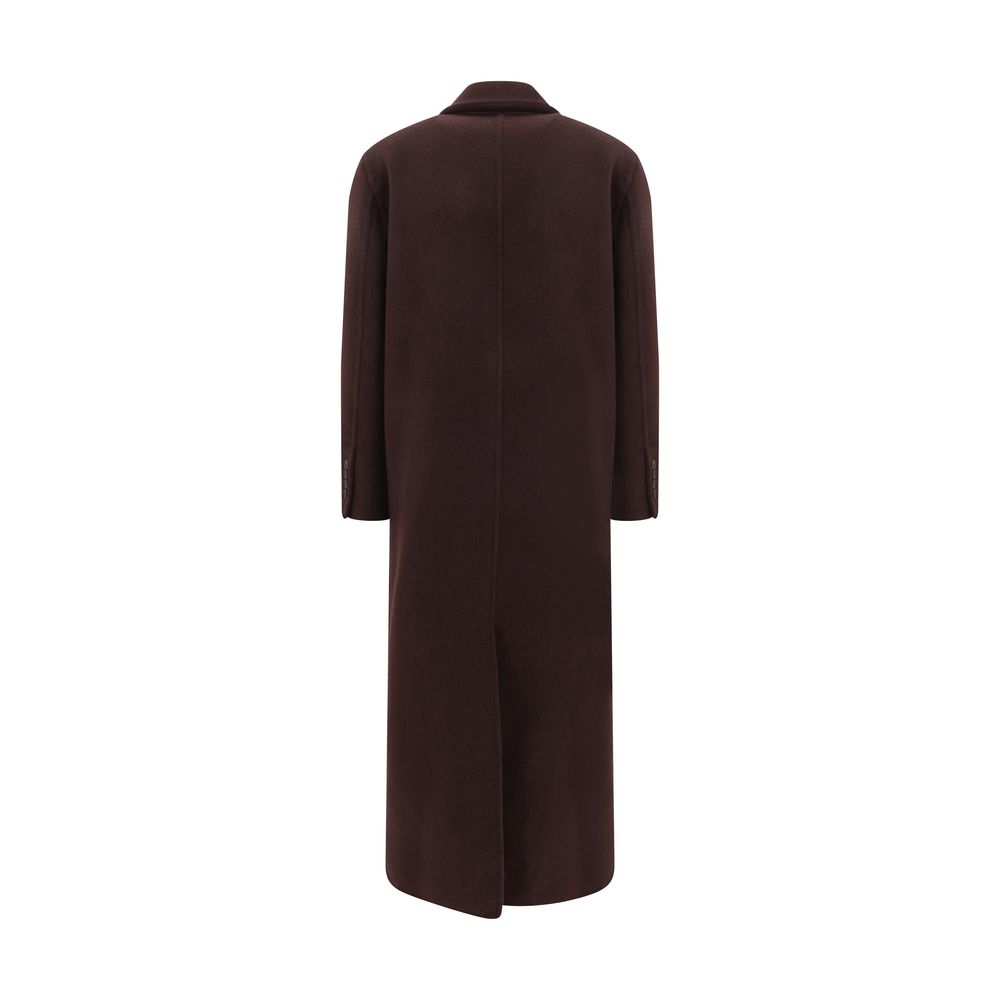Back view of Brunello Cucinelli Bordeaux Cashmere Coat with elegant peaked lapel, double-breasted design, and back slit.