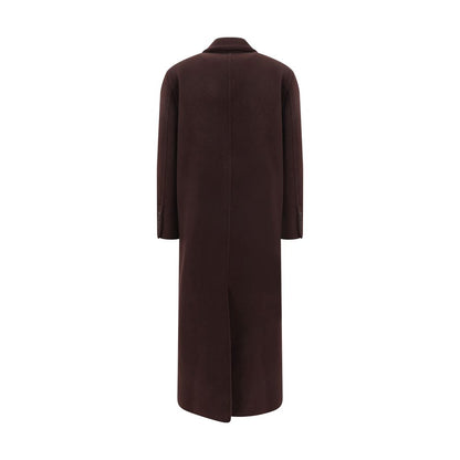 Back view of Brunello Cucinelli Bordeaux Cashmere Coat with elegant peaked lapel, double-breasted design, and back slit.