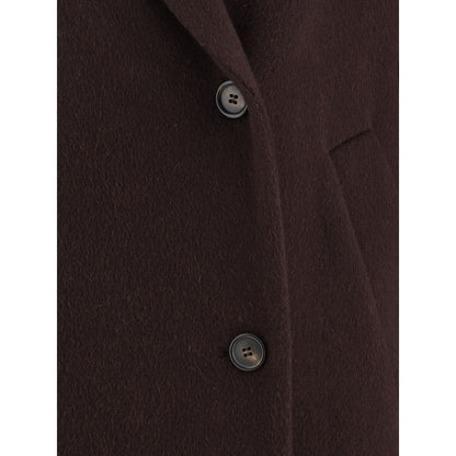 Brunello Cucinelli Bordeaux Cashmere Coat featuring elegant peaked lapel and double-breasted closure for a sophisticated look.