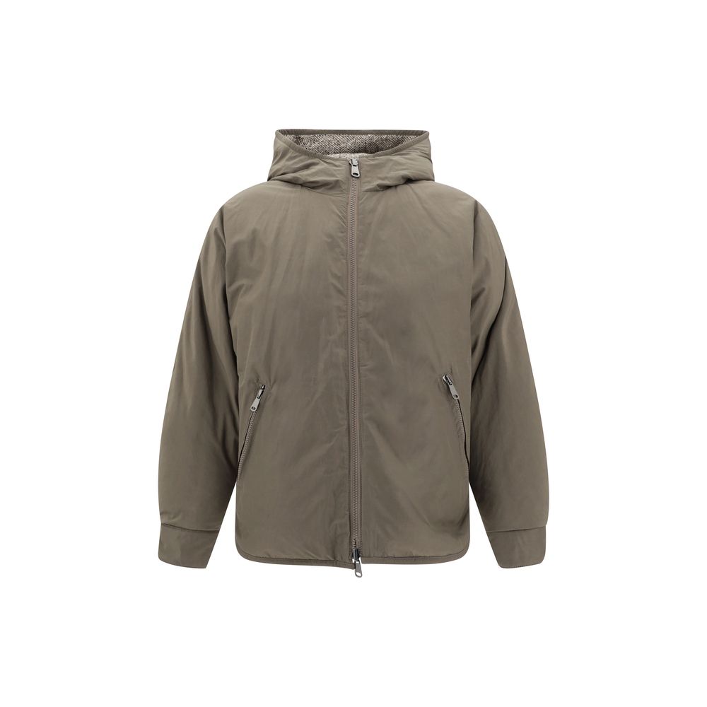 Brunello Cucinelli Brown Fleece Wool Coat with hood and reversible design featuring a front zipper and side pockets.