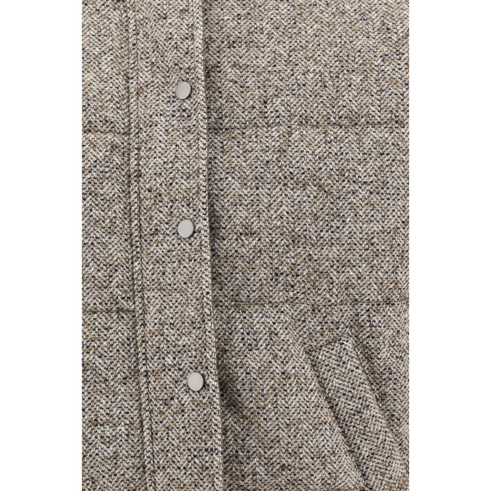 Detail of Brunello Cucinelli Brown Fleece Wool Coat showing button snaps and textured fabric.