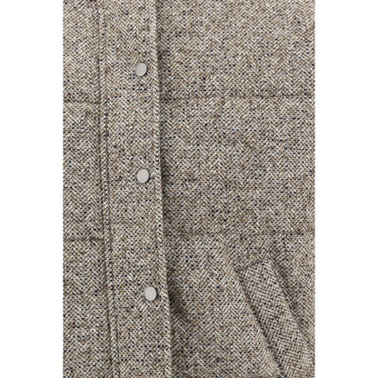 Detail of Brunello Cucinelli Brown Fleece Wool Coat showing button snaps and textured fabric.