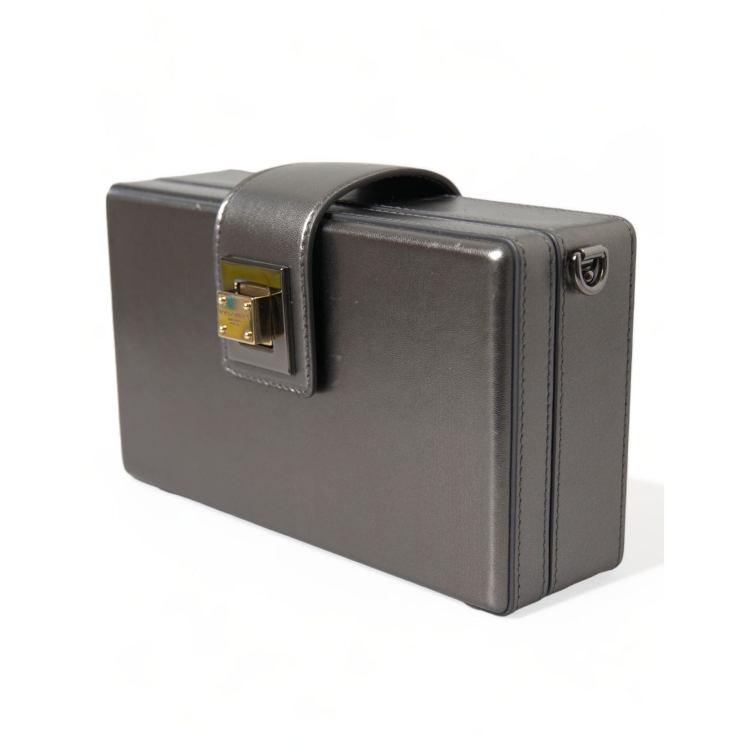 Dolce & Gabbana Steel Gray Leather Box Shape Shoulder Gold DG Logo Plaque Bag