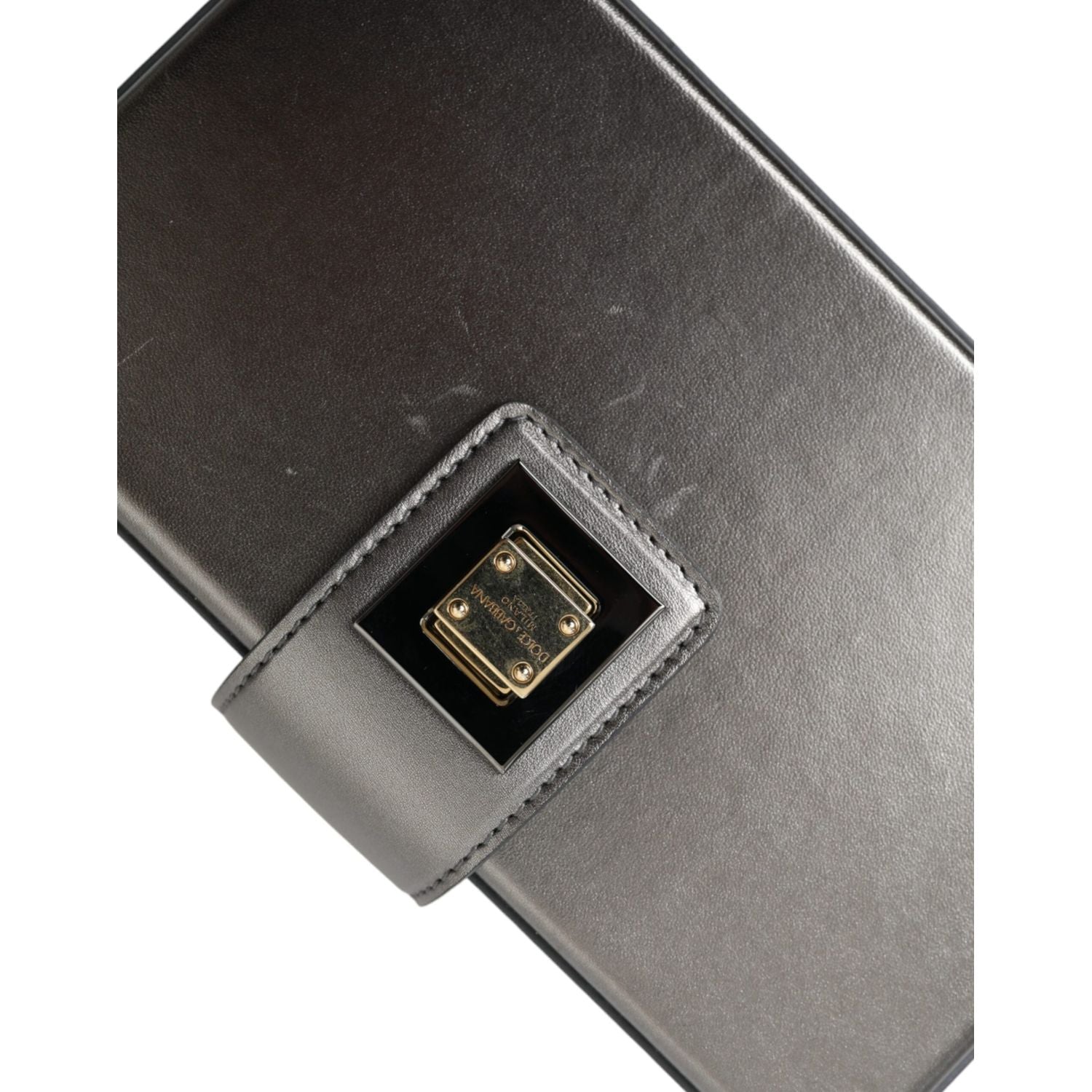 Dolce & Gabbana Steel Gray Leather Box Shape Shoulder Gold DG Logo Plaque Bag