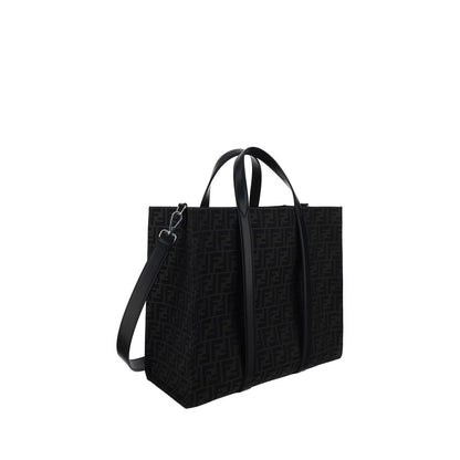 Fendi Black Polyester Shoulder Bag with FF print, featuring a leather strap and double handle, AW25 collection, dimensions 40x40x19 cm.