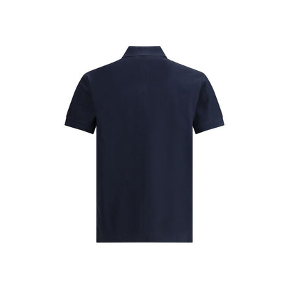 Back view of Burberry Blue Cotton Polo Shirt with ribbed collar and metal Equestrian Knight Design detail.