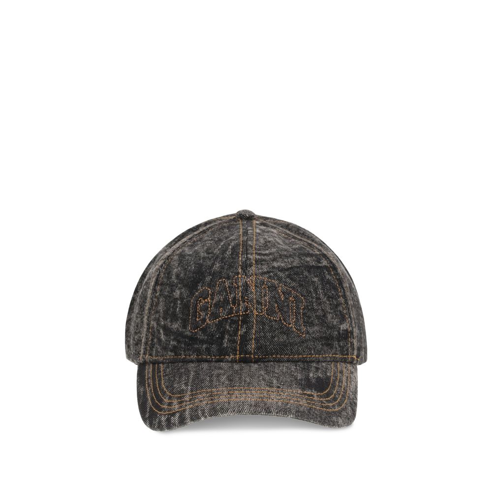 Ganni Gray Cotton Cap (Baseball Hat) with embroidered logo and adjustable back closure.