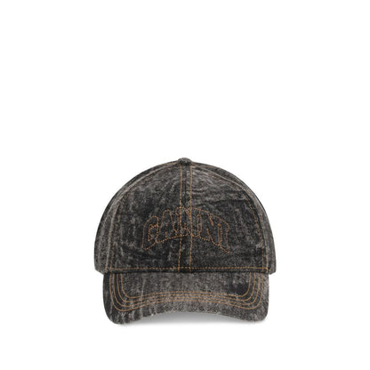 Ganni Gray Cotton Cap (Baseball Hat) with embroidered logo and adjustable back closure.