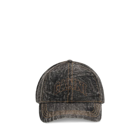 Ganni Gray Cotton Cap (Baseball Hat) with embroidered logo and adjustable back closure.