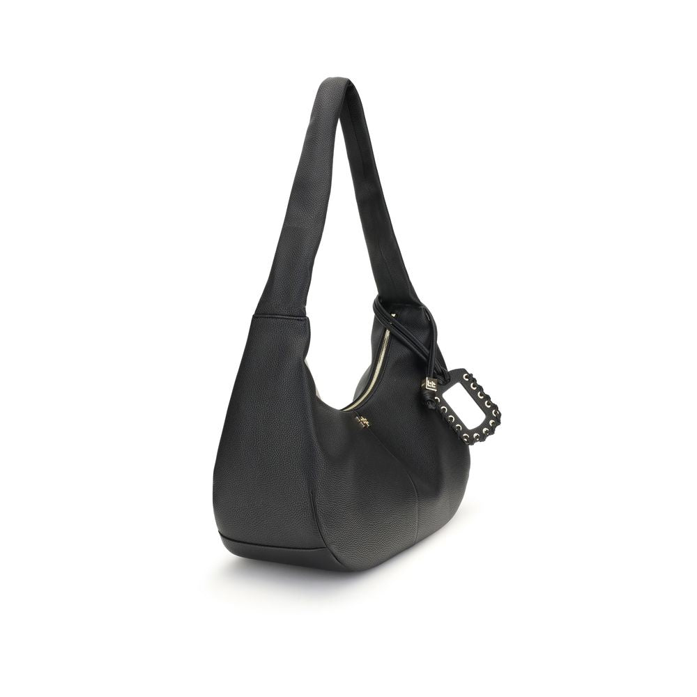 Ganni Black Recycled Polyester Shoulder Bag with grainy textured leather and gold-tone details.