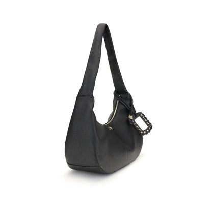 Ganni Black Recycled Polyester Shoulder Bag with grainy textured leather and gold-tone details.