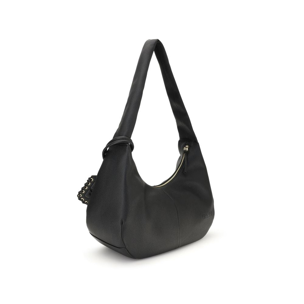Ganni Black Recycled Polyester Shoulder Bag featuring grainy leather texture and distinctive GANNI butterfly logo.