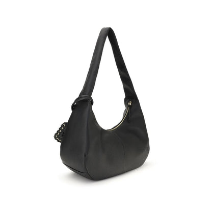 Ganni Black Recycled Polyester Shoulder Bag featuring grainy leather texture and distinctive GANNI butterfly logo.