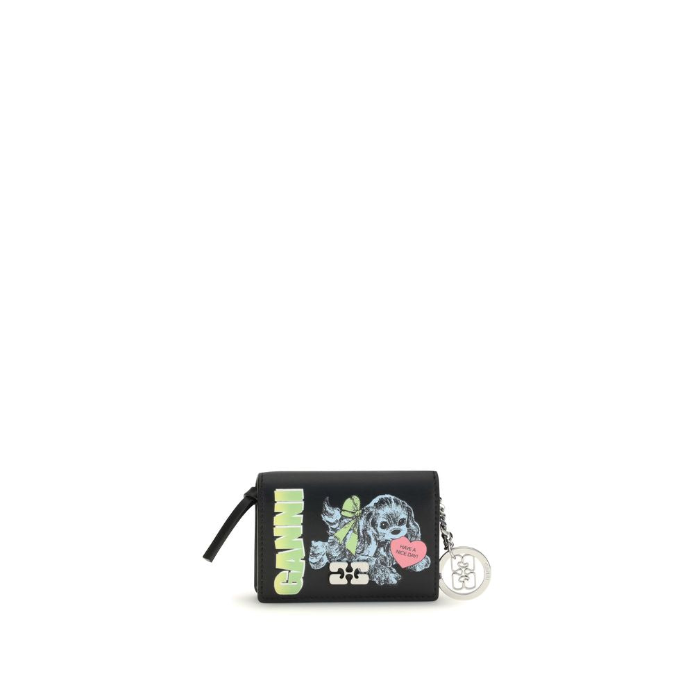 Ganni Black Recycled Leather Wallet with puppy print, butterfly logo, and key ring; compact card holder for style and functionality.