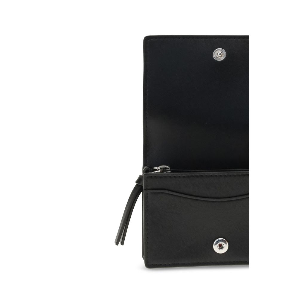 Interior view of Ganni Black Recycled Leather Wallet with compartments, showcasing silver button closures, elegant design, and high-quality finish.