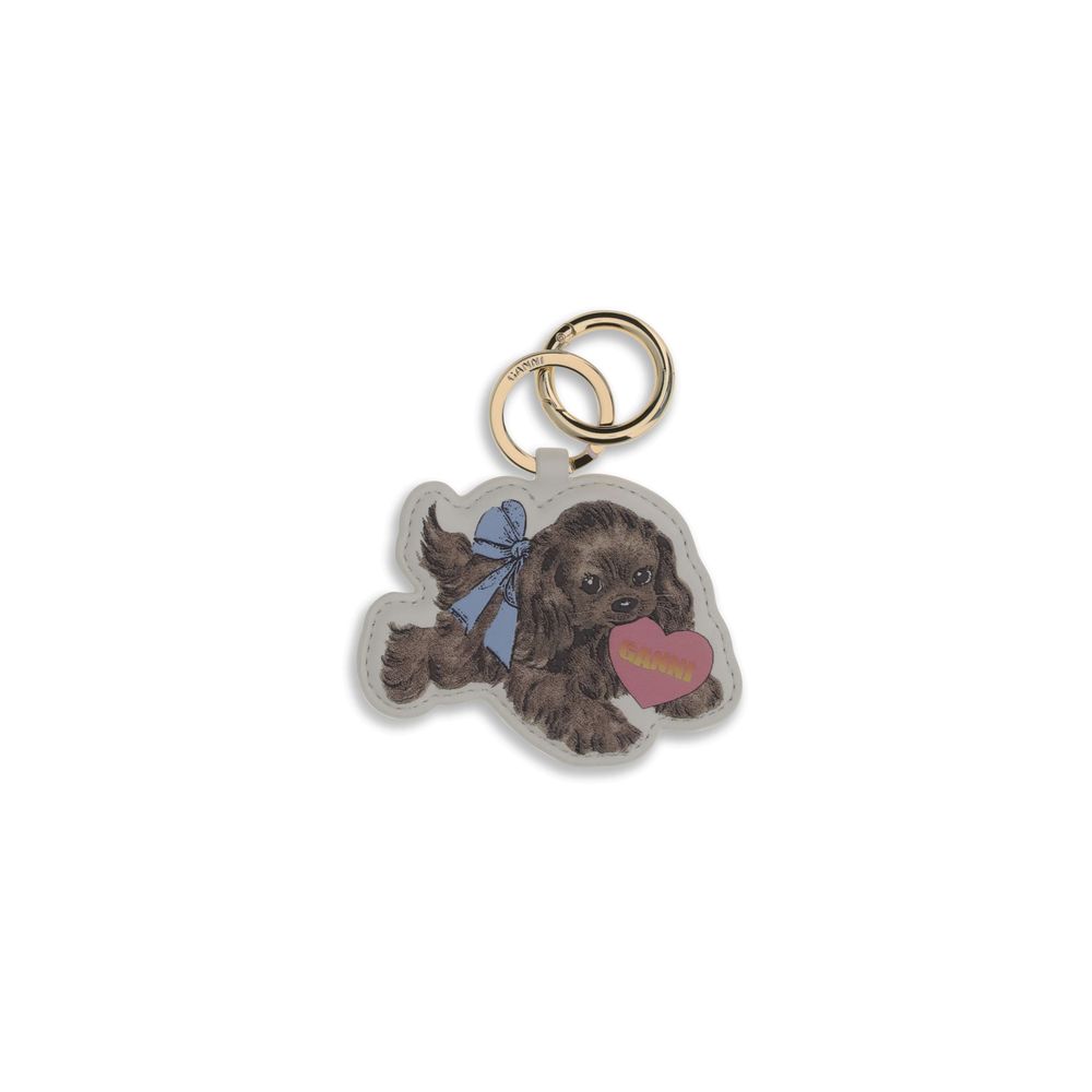 Ganni Multicolor Recycled Leather Keychain with puppy design, featuring a ring and silver clasp for keys, bags, or backpacks.
